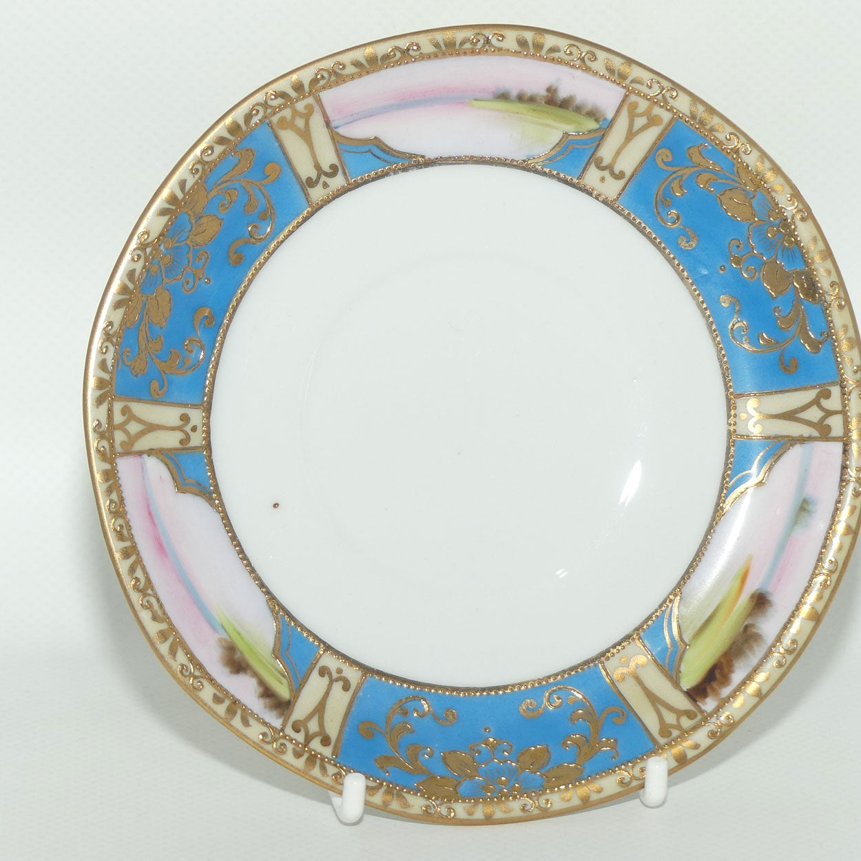 Early Noritake Hand Painted and Gilt decorated Blue ground tea trio | #4 | Lake Scene
