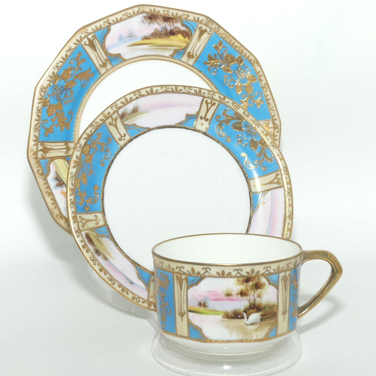 Early Noritake Hand Painted and Gilt decorated Blue ground tea trio | #5 | Lake Scene