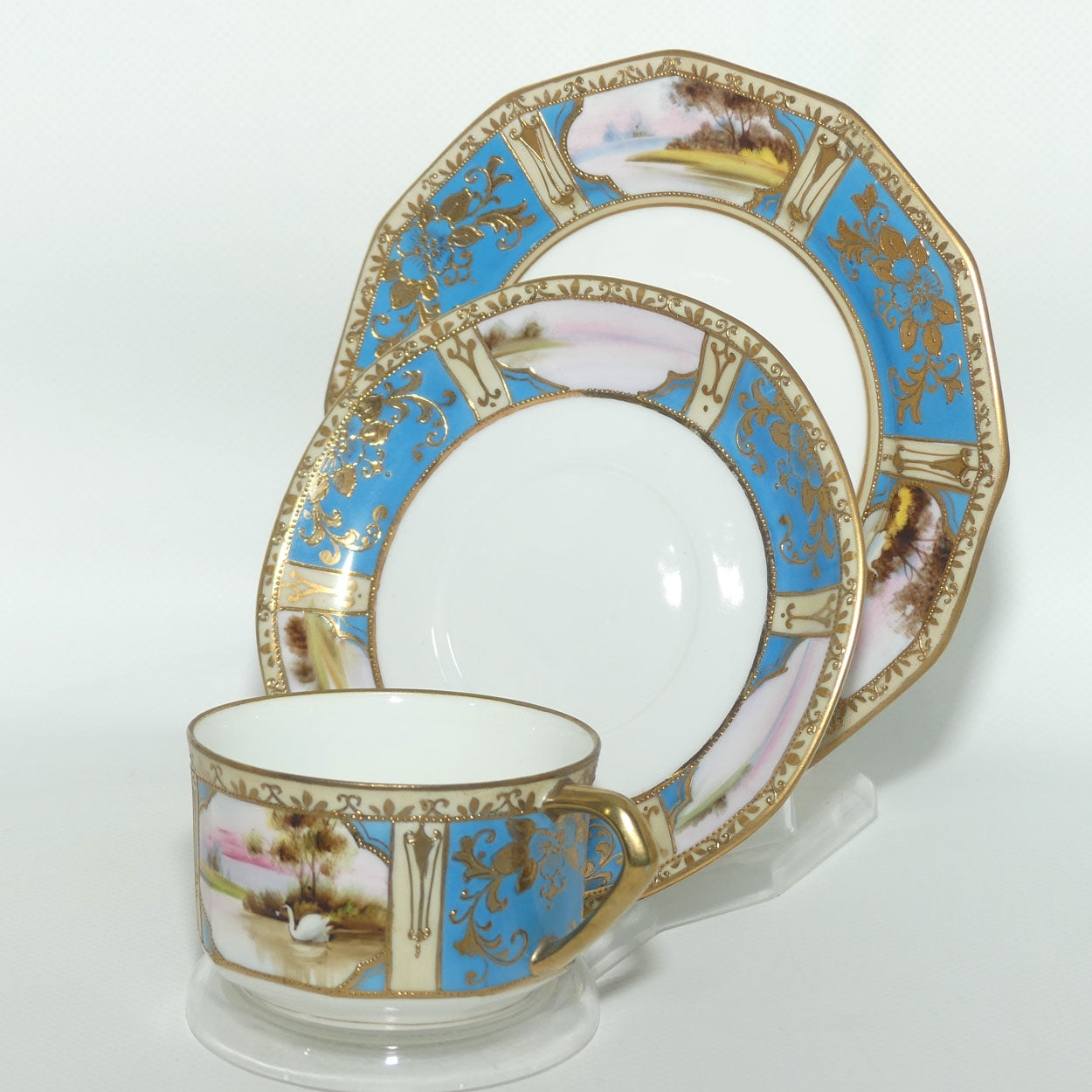 Early Noritake Hand Painted and Gilt decorated Blue ground tea trio | #5 | Lake Scene