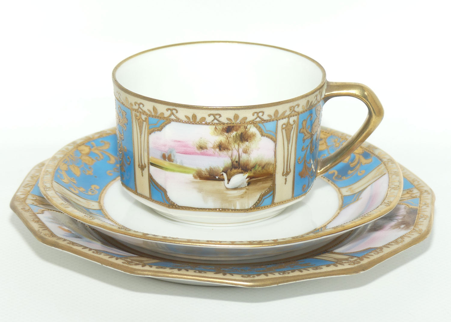 Early Noritake Hand Painted and Gilt decorated Blue ground tea trio | #5 | Lake Scene