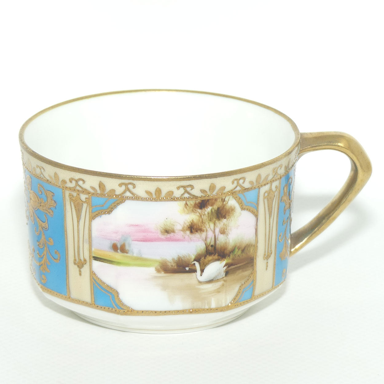 Early Noritake Hand Painted and Gilt decorated Blue ground tea trio | #5 | Lake Scene