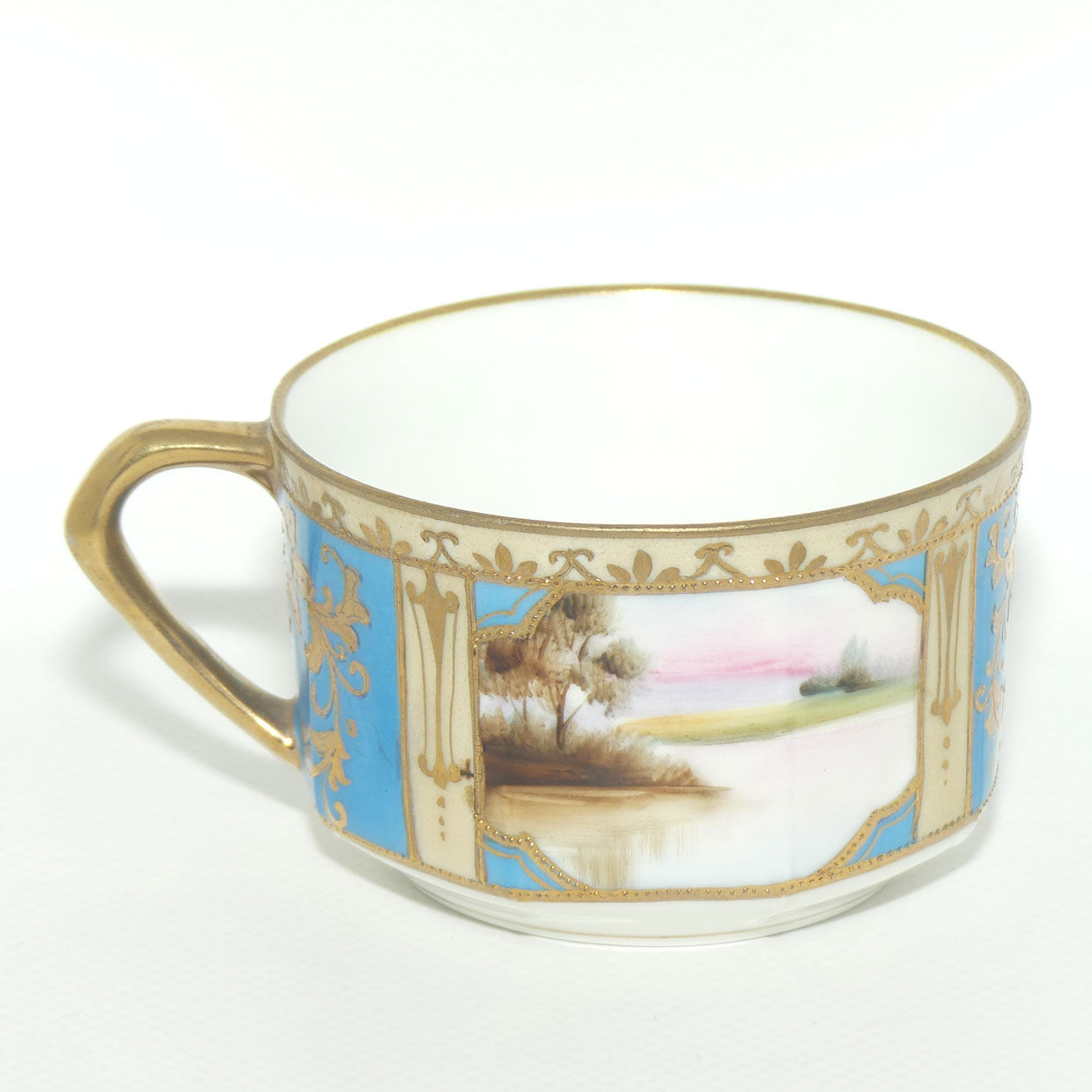 Early Noritake Hand Painted and Gilt decorated Blue ground tea trio | #5 | Lake Scene