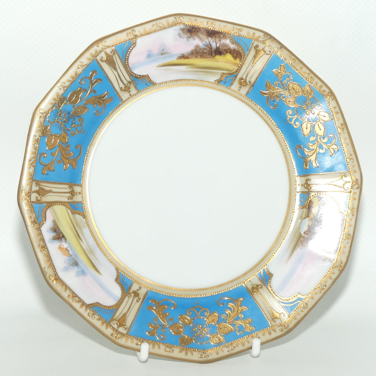 Early Noritake Hand Painted and Gilt decorated Blue ground tea trio | #5 | Lake Scene