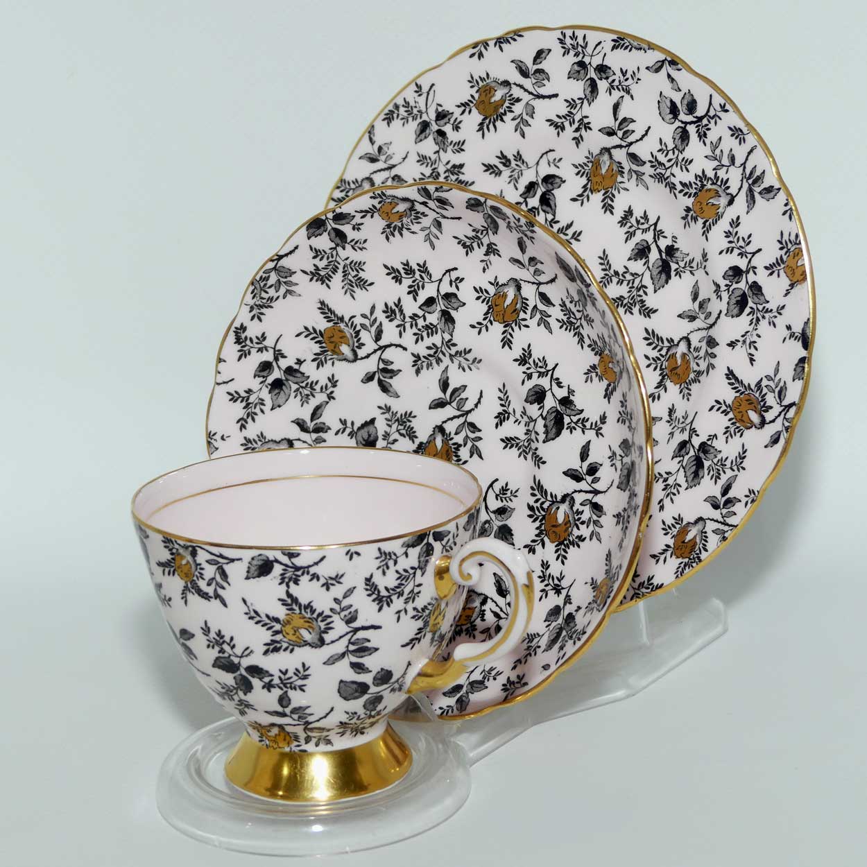 Tuscan Fine English Bone China Black and Gilt Floral trio