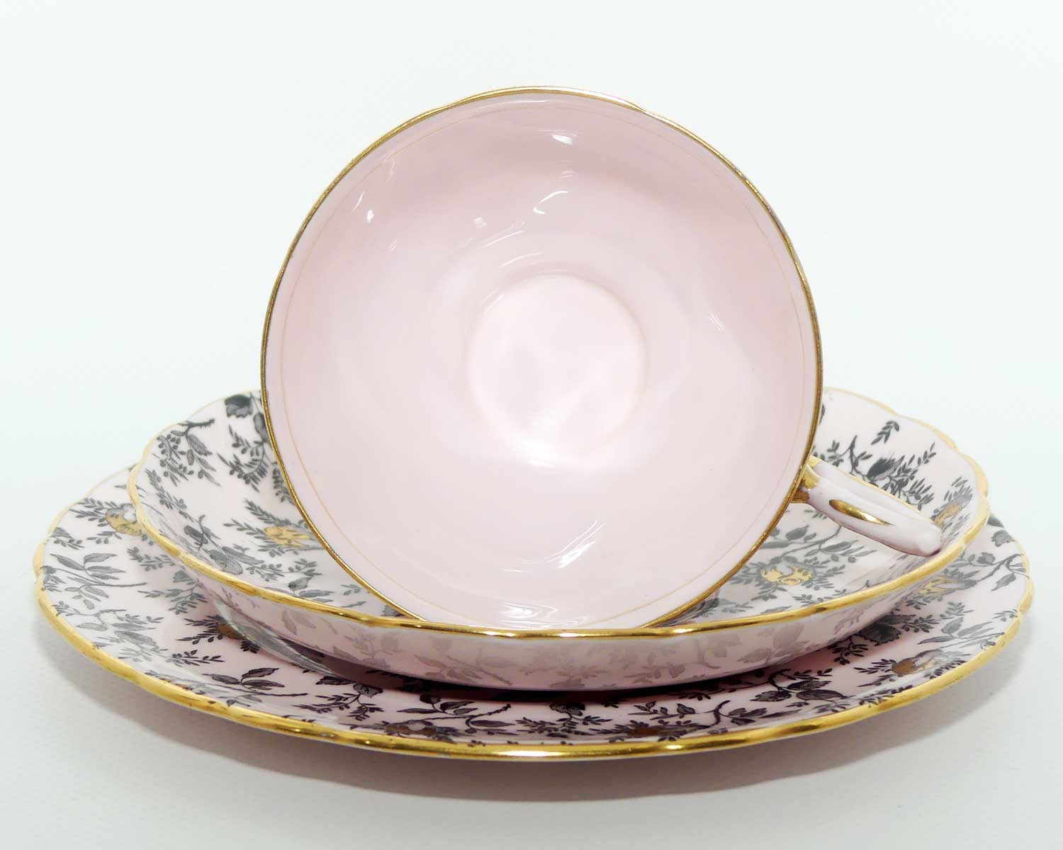 Tuscan Fine English Bone China Black and Gilt Floral trio