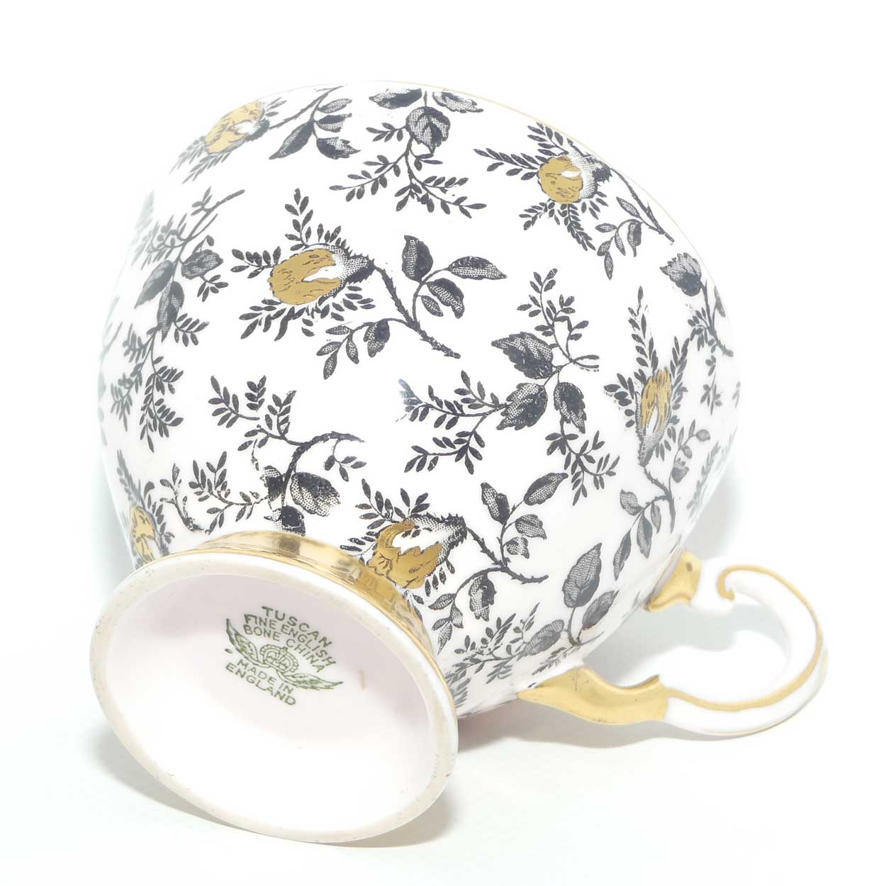 Tuscan Fine English Bone China Black and Gilt Floral trio