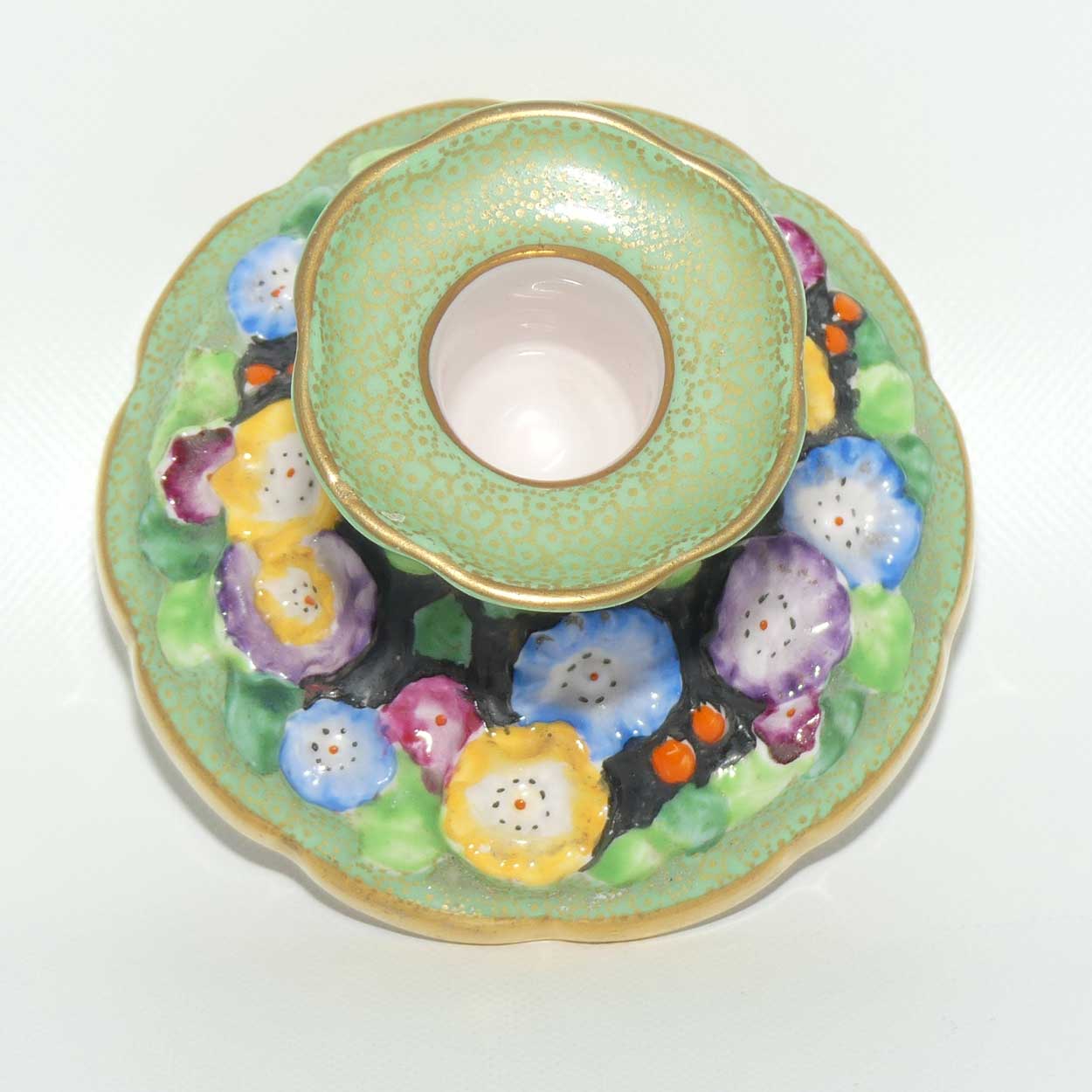 Tuscan China | Embossed Floral Dressing Table candle holder | Green and Gilt