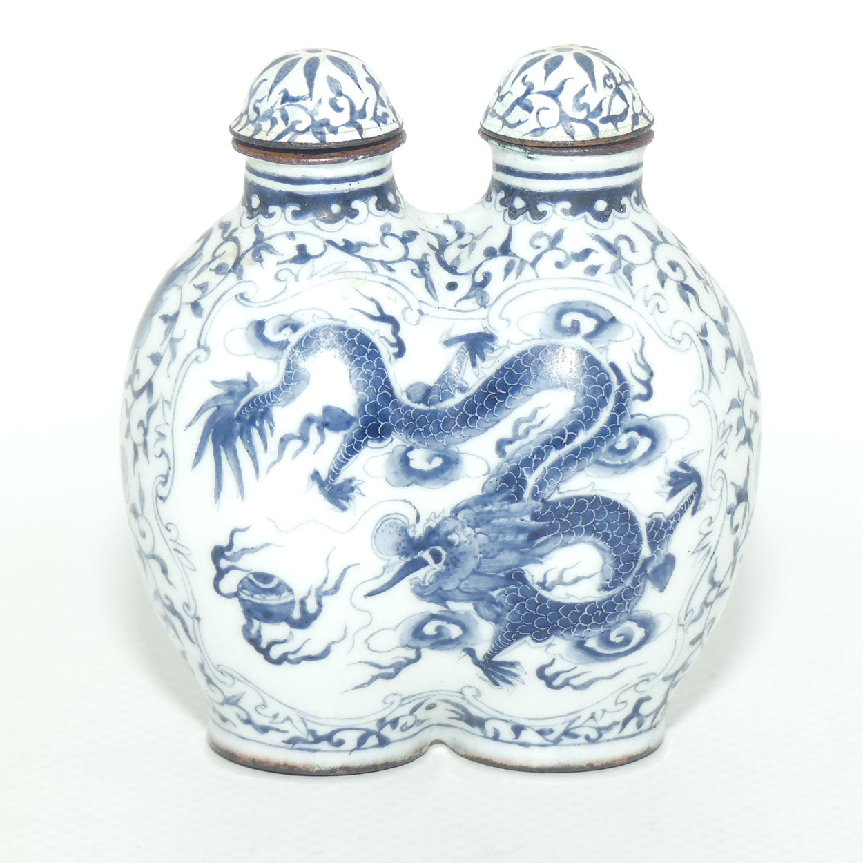 Hand Painted Blue on Enamel Double Snuff Bottle | Dragon chasing the Pearl