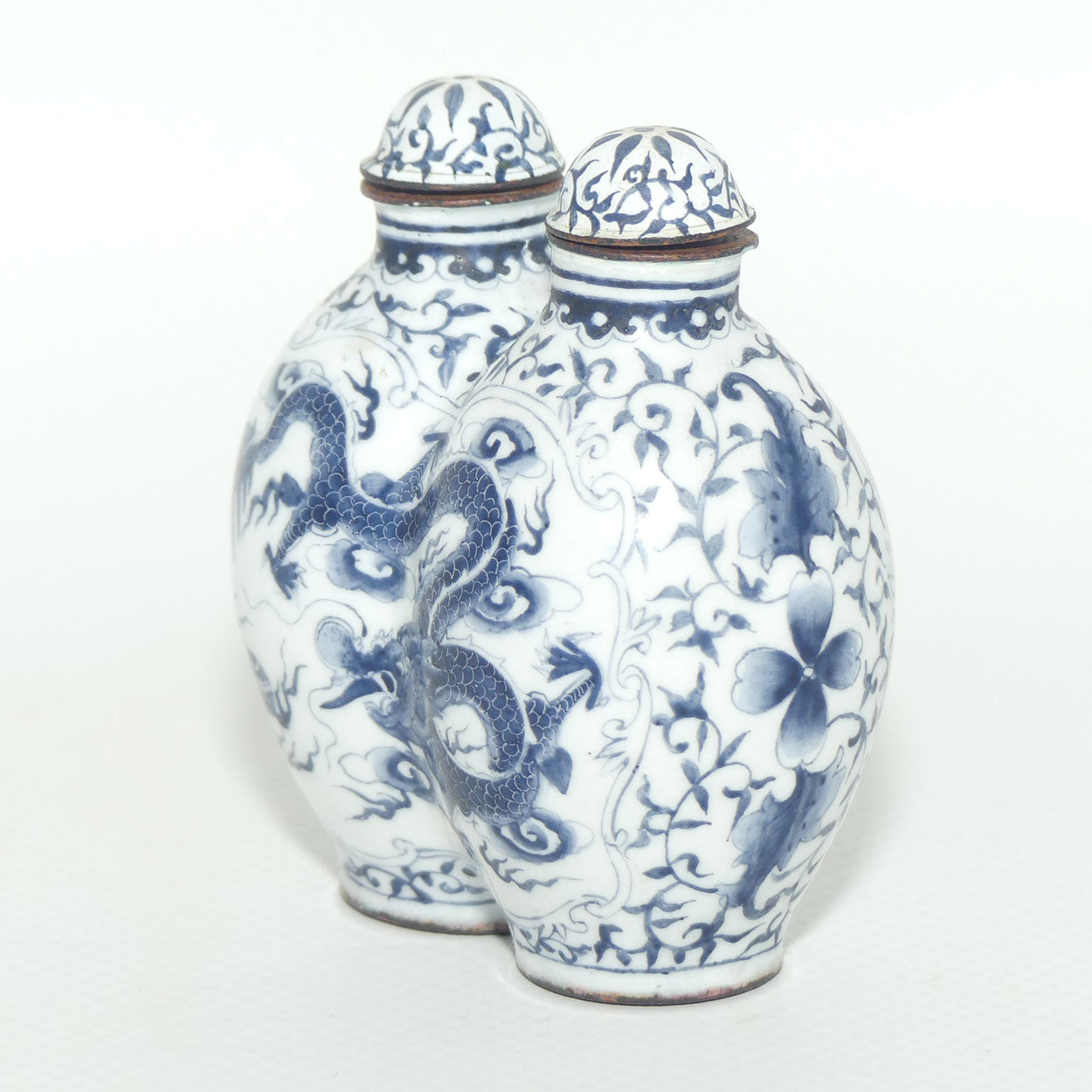 Hand Painted Blue on Enamel Double Snuff Bottle | Dragon chasing the Pearl