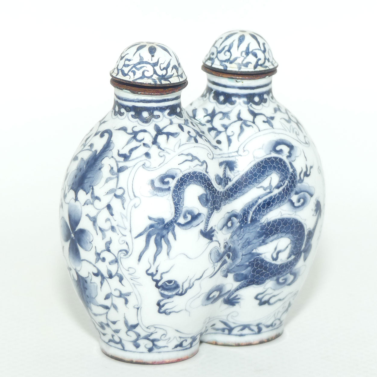 Hand Painted Blue on Enamel Double Snuff Bottle | Dragon chasing the Pearl
