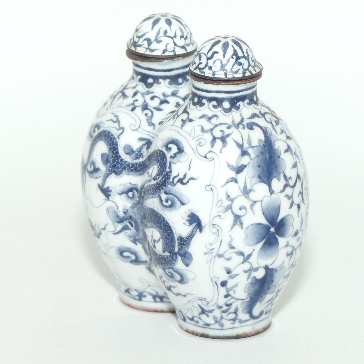 Hand Painted Blue on Enamel Double Snuff Bottle | Dragon chasing the Pearl