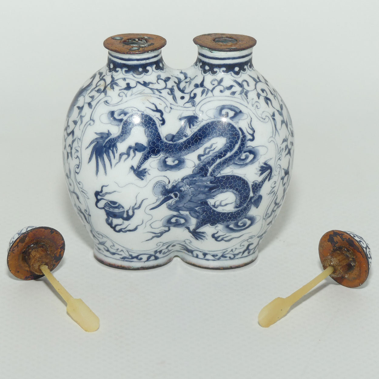 Hand Painted Blue on Enamel Double Snuff Bottle | Dragon chasing the Pearl