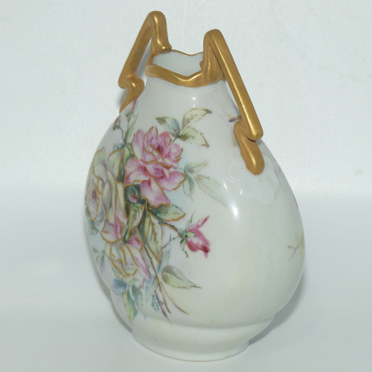 Early Australian China Painted twin handle moon shape vase depicting Leaves and Blackberries | Ethel L Thomas | Ethel L Medcalf 1911