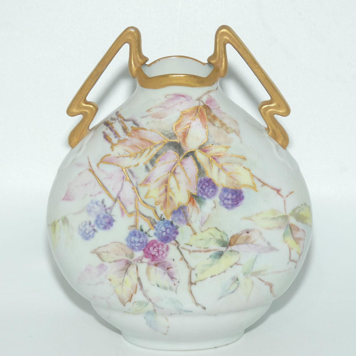Early Australian China Painted twin handle moon shape vase depicting Leaves and Blackberries | Ethel L Thomas | Ethel L Medcalf 1911