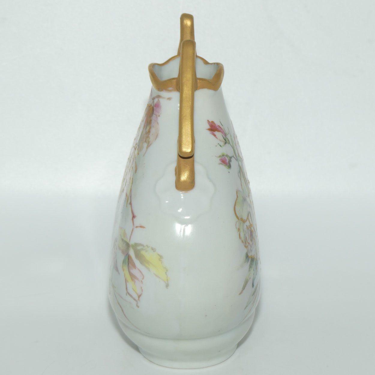 Early Australian China Painted twin handle moon shape vase depicting Leaves and Blackberries | Ethel L Thomas | Ethel L Medcalf 1911