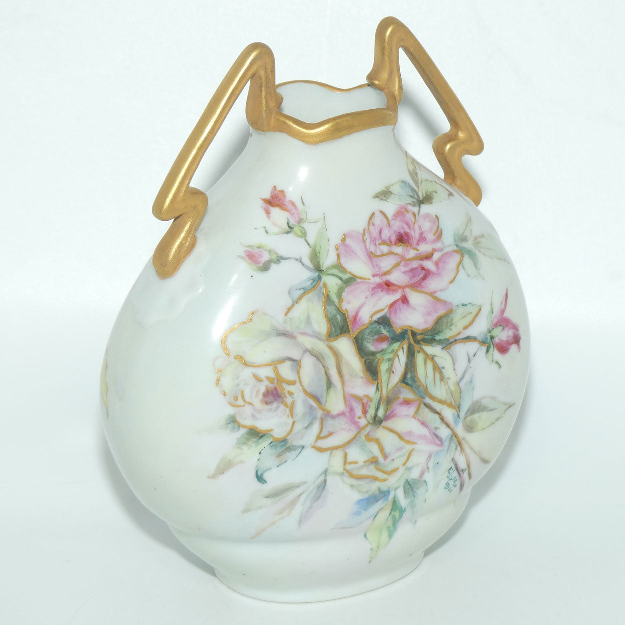 Early Australian China Painted twin handle moon shape vase depicting Leaves and Blackberries | Ethel L Thomas | Ethel L Medcalf 1911