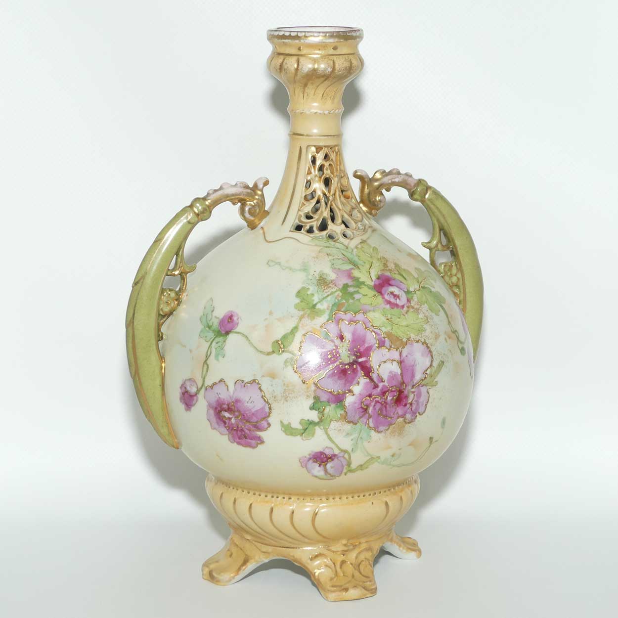 Royal Vienna Turn | Alexandra Porcelain Works Austria twin handle reticulated vase with floral decor