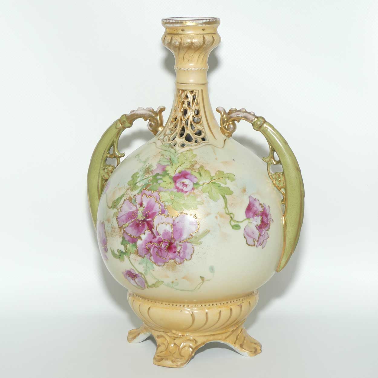 Royal Vienna Turn | Alexandra Porcelain Works Austria twin handle reticulated vase with floral decor