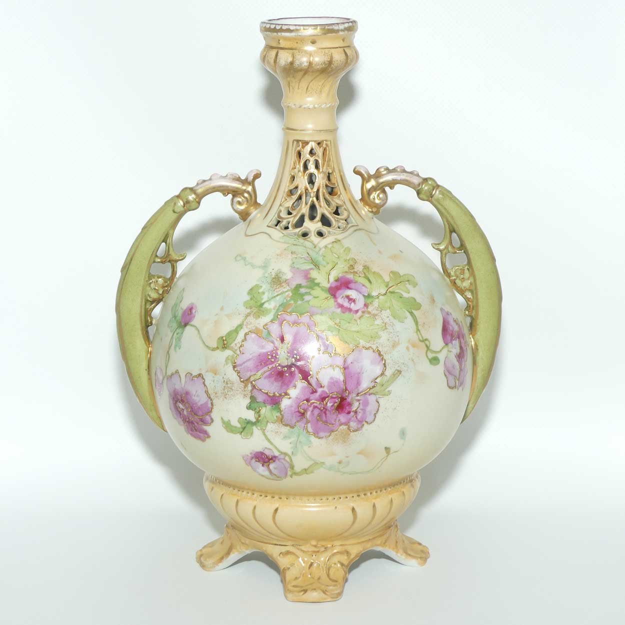 Royal Vienna Turn | Alexandra Porcelain Works Austria twin handle reticulated vase with floral decor