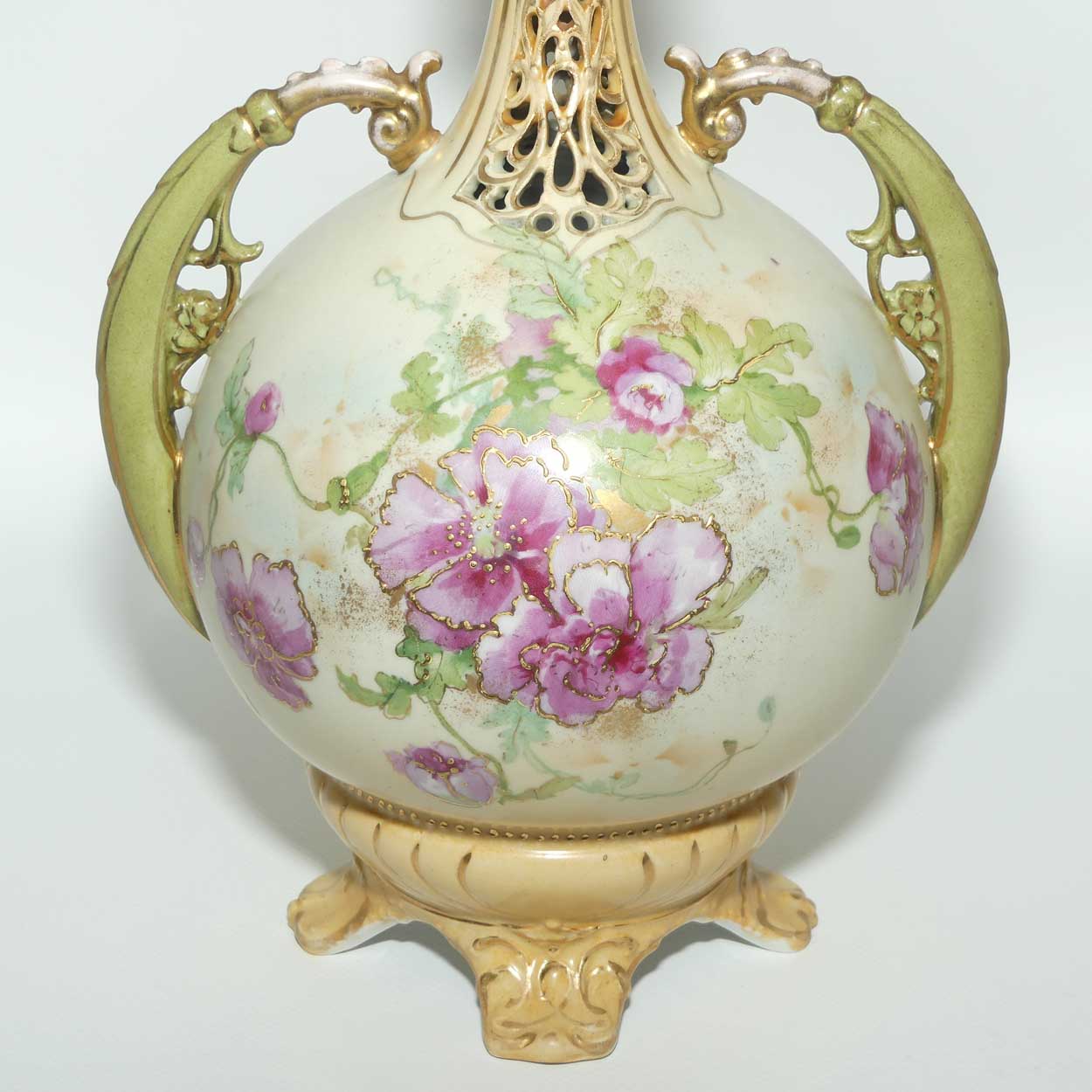 Royal Vienna Turn | Alexandra Porcelain Works Austria twin handle reticulated vase with floral decor