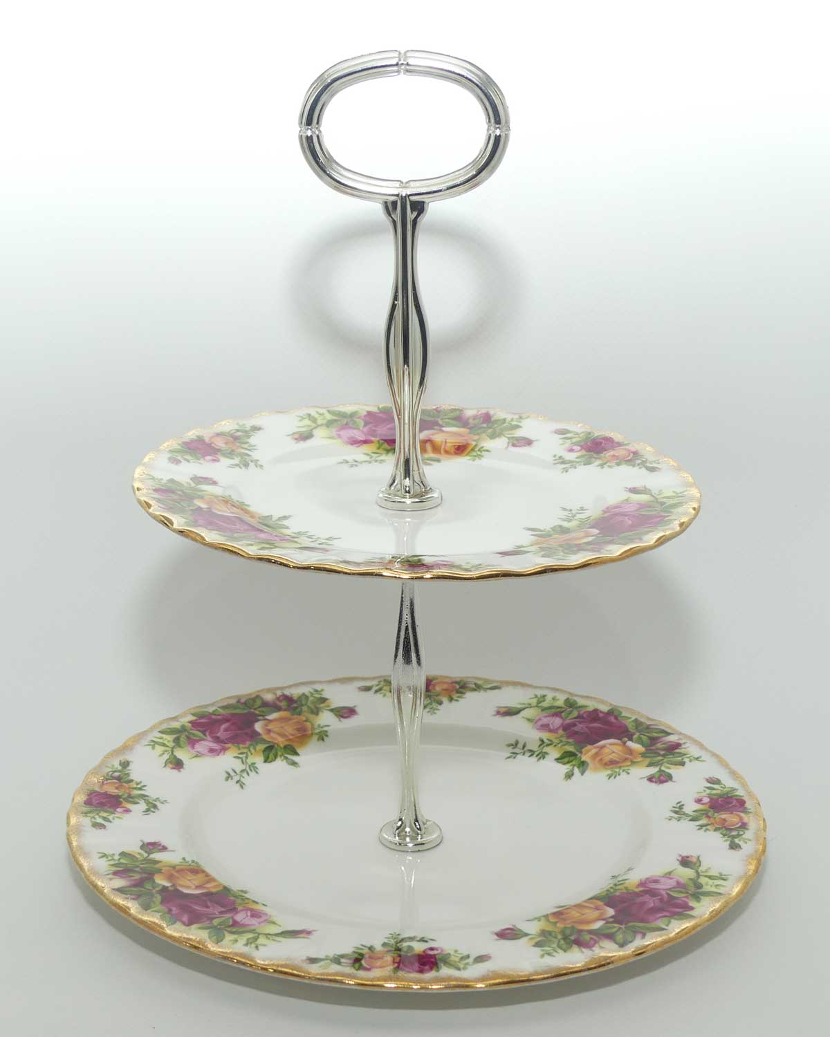 Royal Albert Bone China England Old Country Roses handled cake stand | ©1962 Royal Albert Ltd backstamp