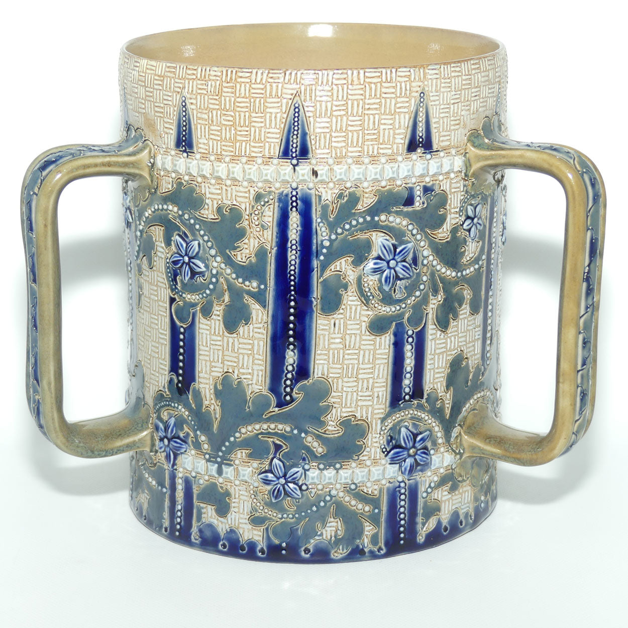 Doulton Lambeth George Tinworth stoneware triple handled loving cup tyg