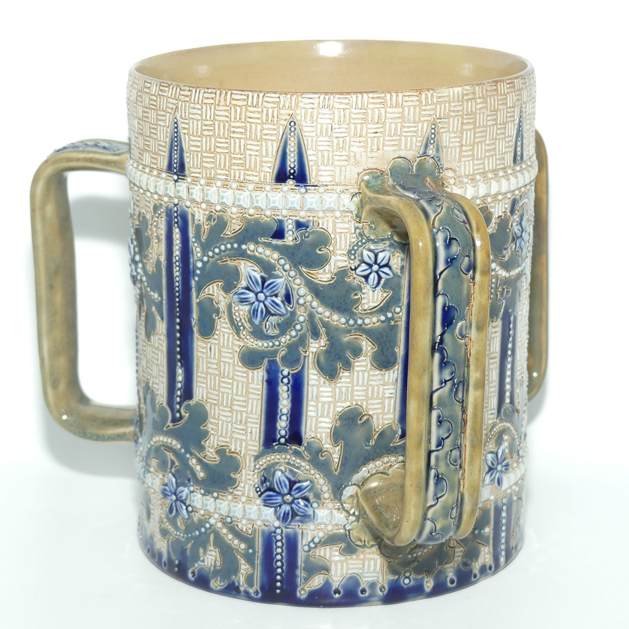 Doulton Lambeth George Tinworth stoneware triple handled loving cup tyg
