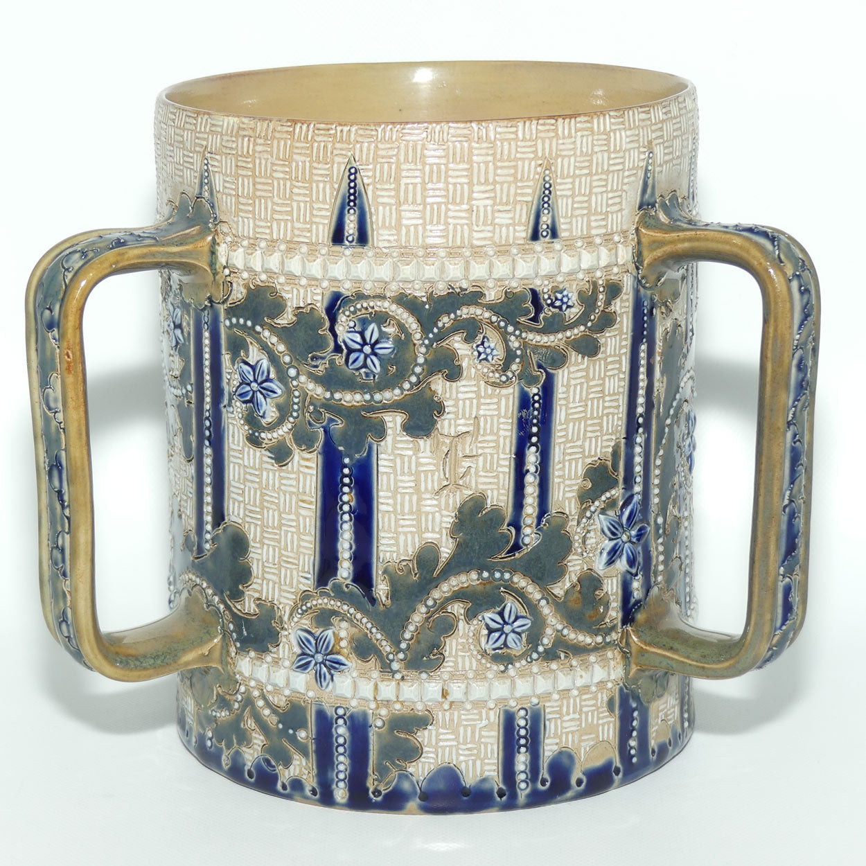 Doulton Lambeth George Tinworth stoneware triple handled loving cup tyg
