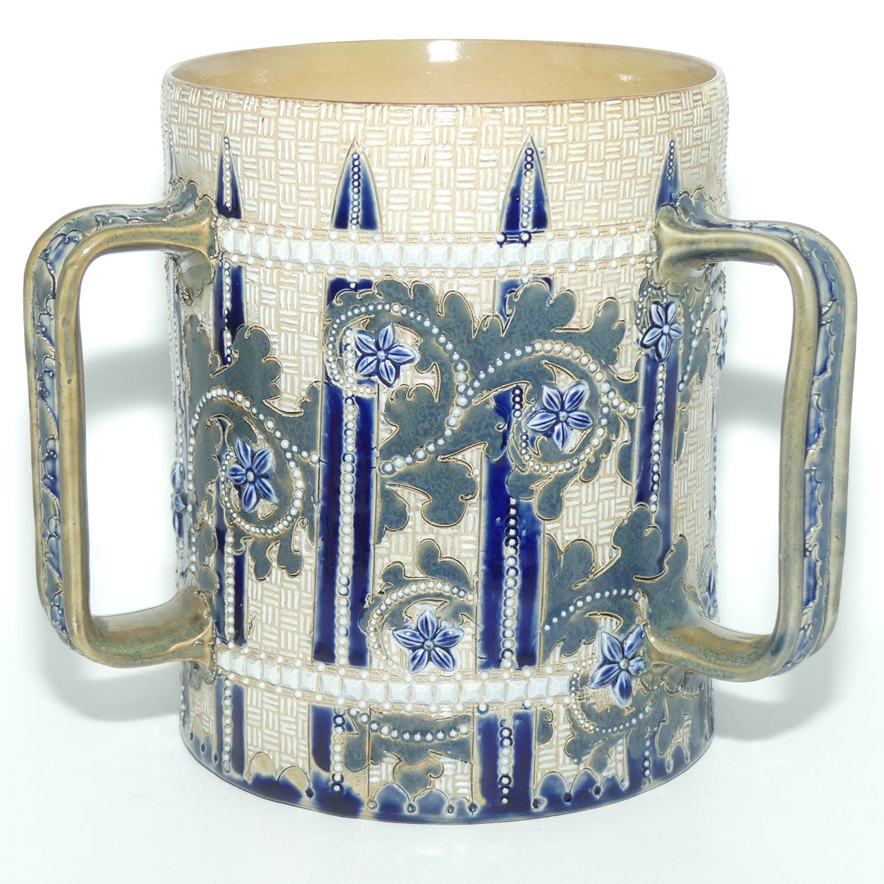 Doulton Lambeth George Tinworth stoneware triple handled loving cup tyg