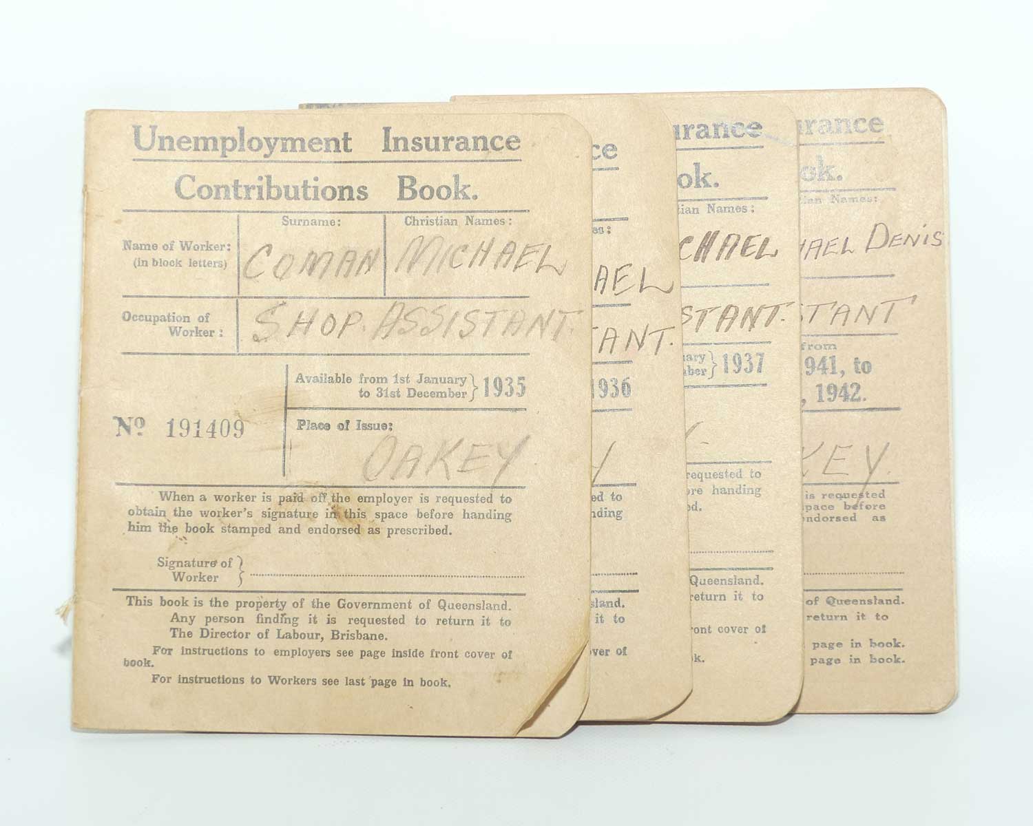 Collection of Four Unemployment Insurance Contributions Books | 1935 1936 1937 1941/2
