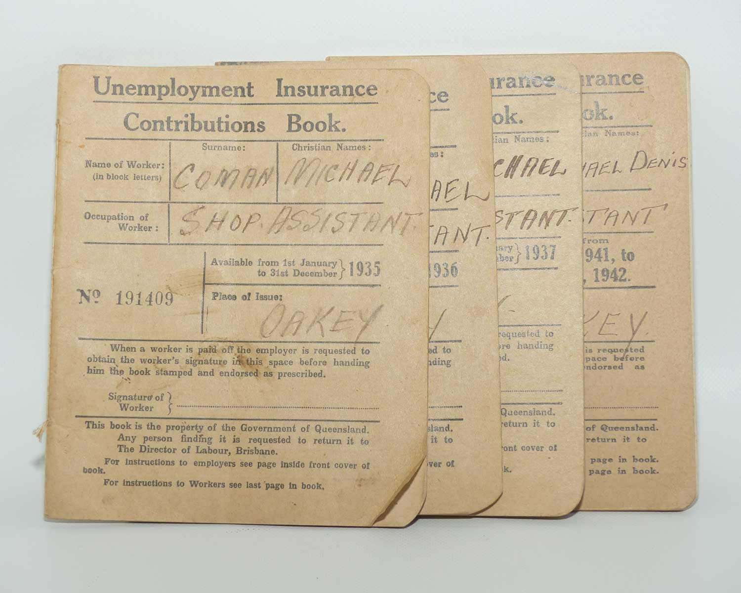 Collection of Four Unemployment Insurance Contributions Books | 1935 1936 1937 1941/2