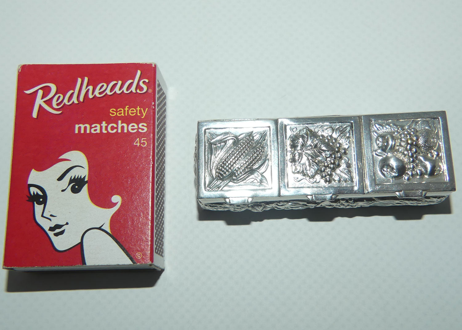 Vintage Three Section Harvest Motif Continental Silver Plate pill box