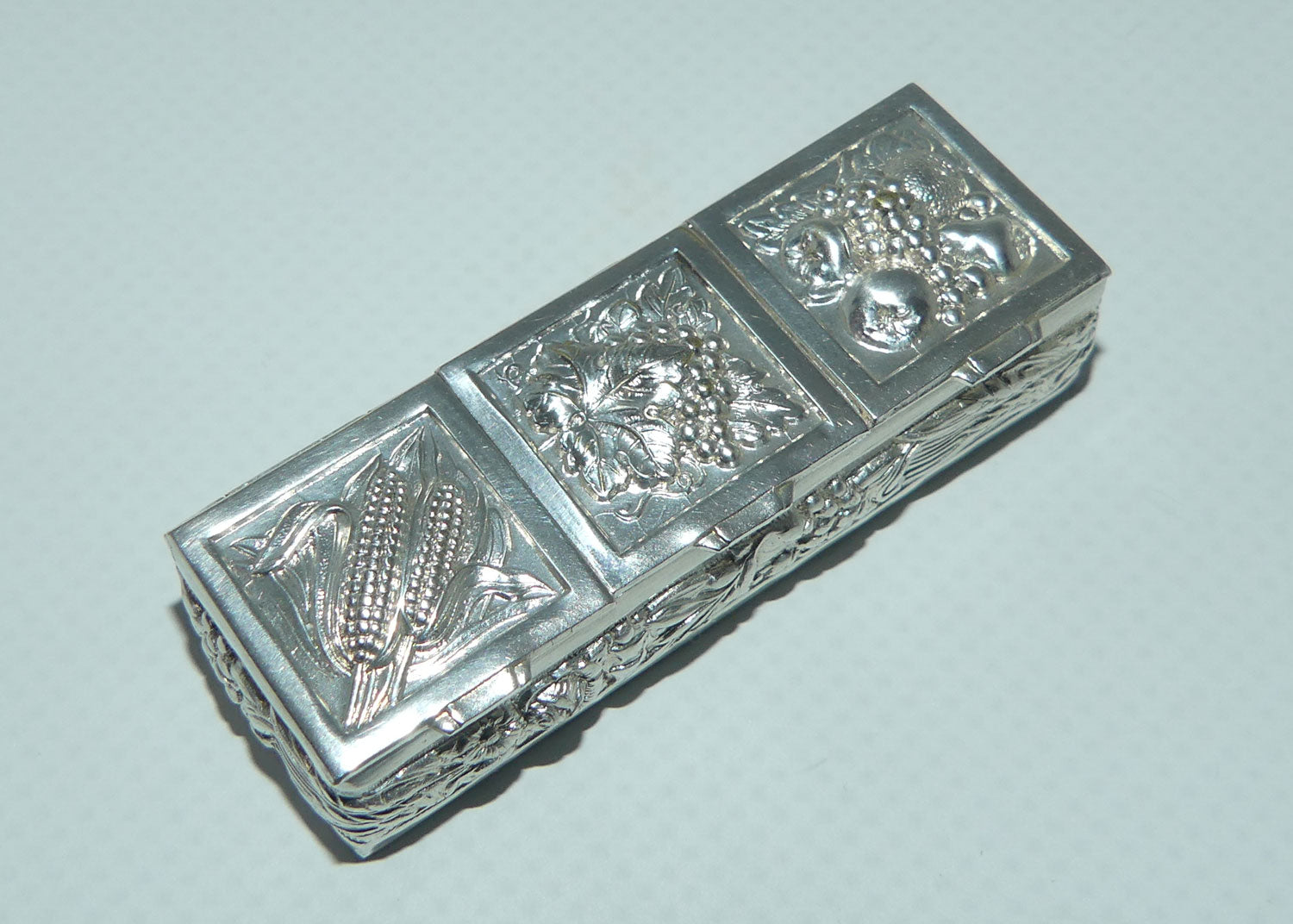 Vintage Three Section Harvest Motif Continental Silver Plate pill box