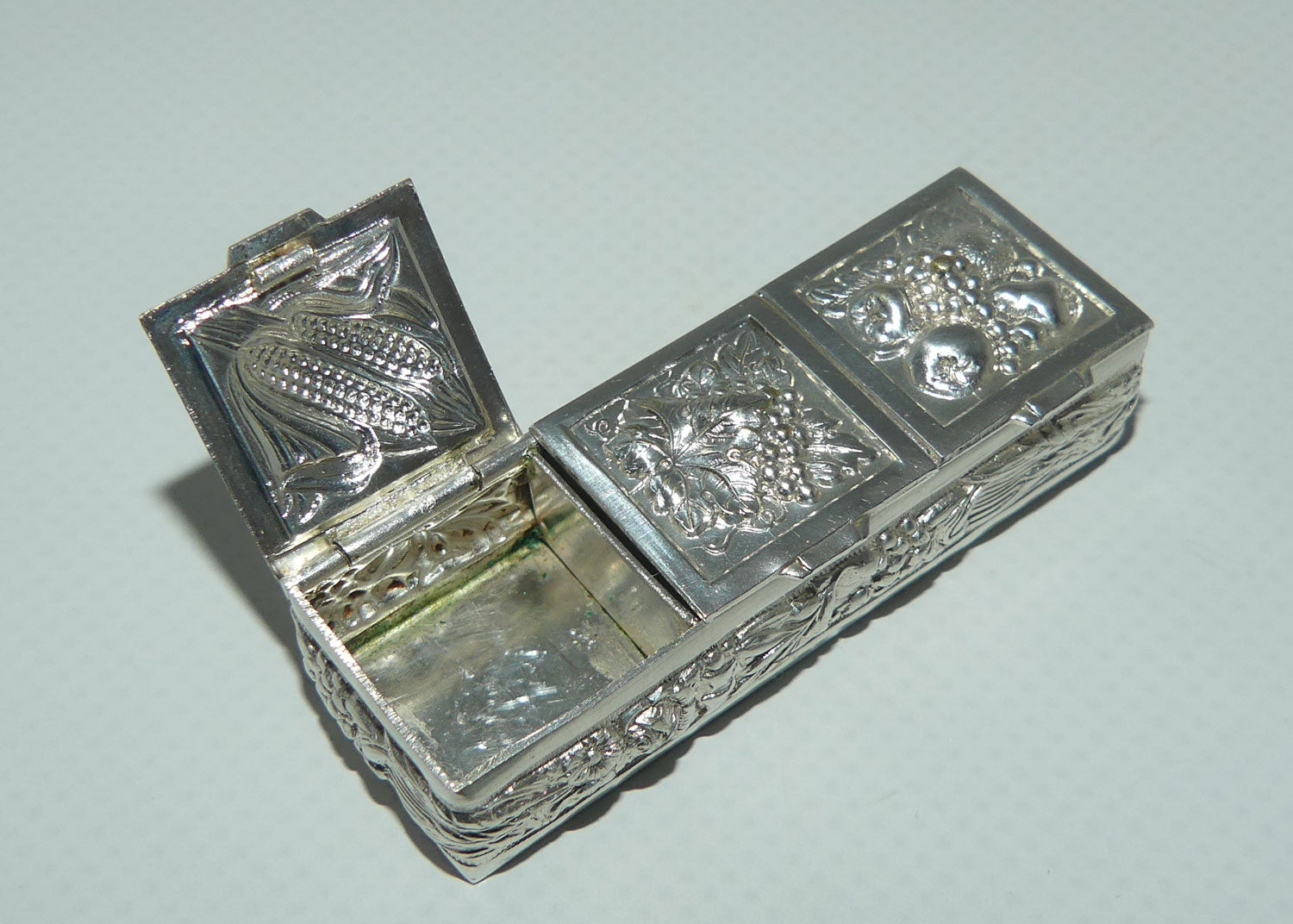 Vintage Three Section Harvest Motif Continental Silver Plate pill box