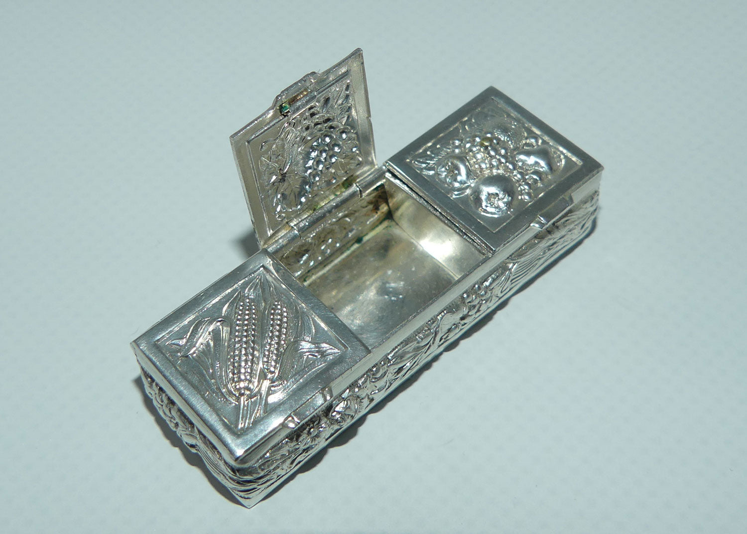 Vintage Three Section Harvest Motif Continental Silver Plate pill box