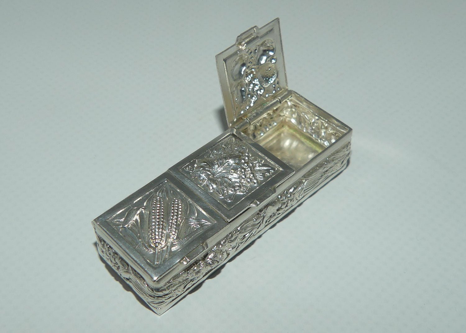 Vintage Three Section Harvest Motif Continental Silver Plate pill box