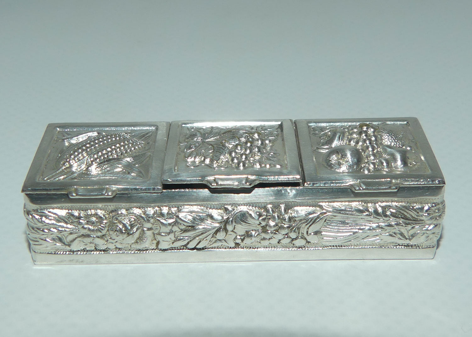 Vintage Three Section Harvest Motif Continental Silver Plate pill box
