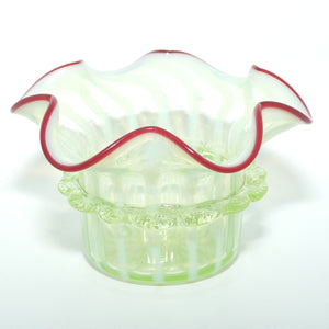 Victorian era Uranium Glass bowl with applied rigaree and Ruby edge in silver plated stand