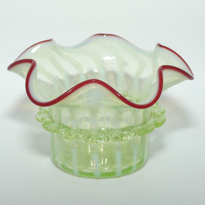 Victorian era Uranium Glass bowl with applied rigaree and Ruby edge in silver plated stand