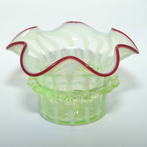 Victorian era Uranium Glass bowl with applied rigaree and Ruby edge in silver plated stand