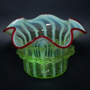 Victorian era Uranium Glass bowl with applied rigaree and Ruby edge in silver plated stand