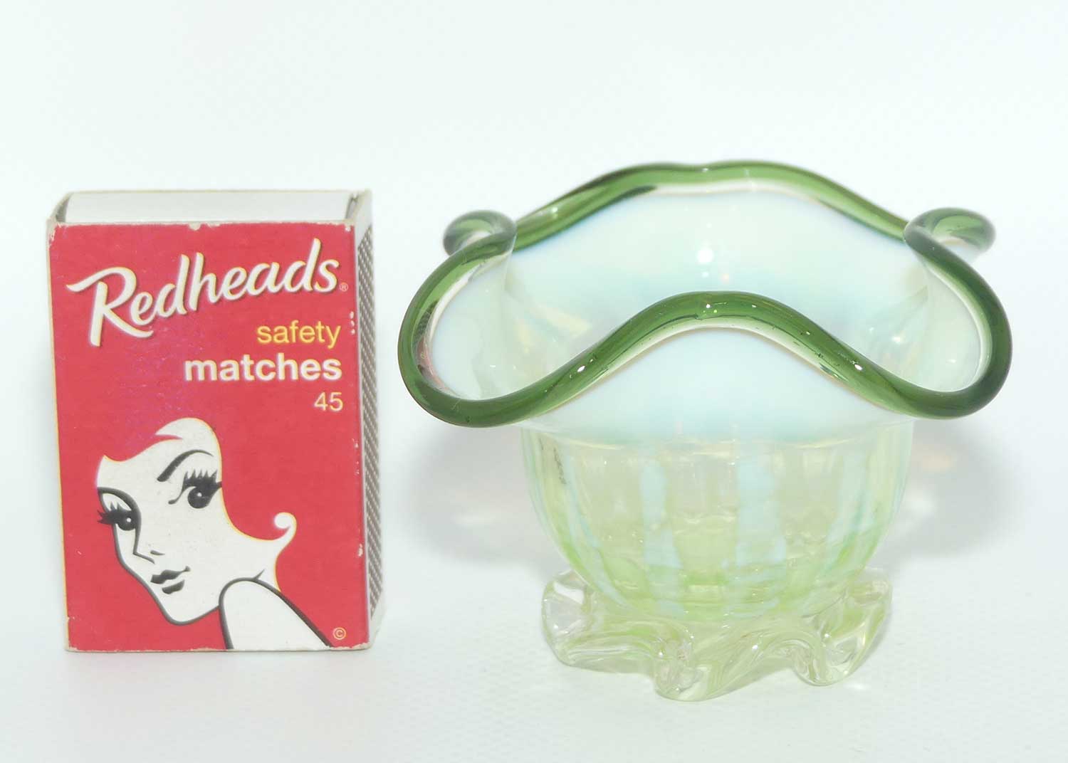 Victorian era Uranium Glass salt cellar with Olive Green trim