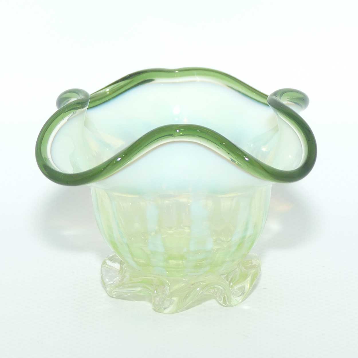 Victorian era Uranium Glass salt cellar with Olive Green trim
