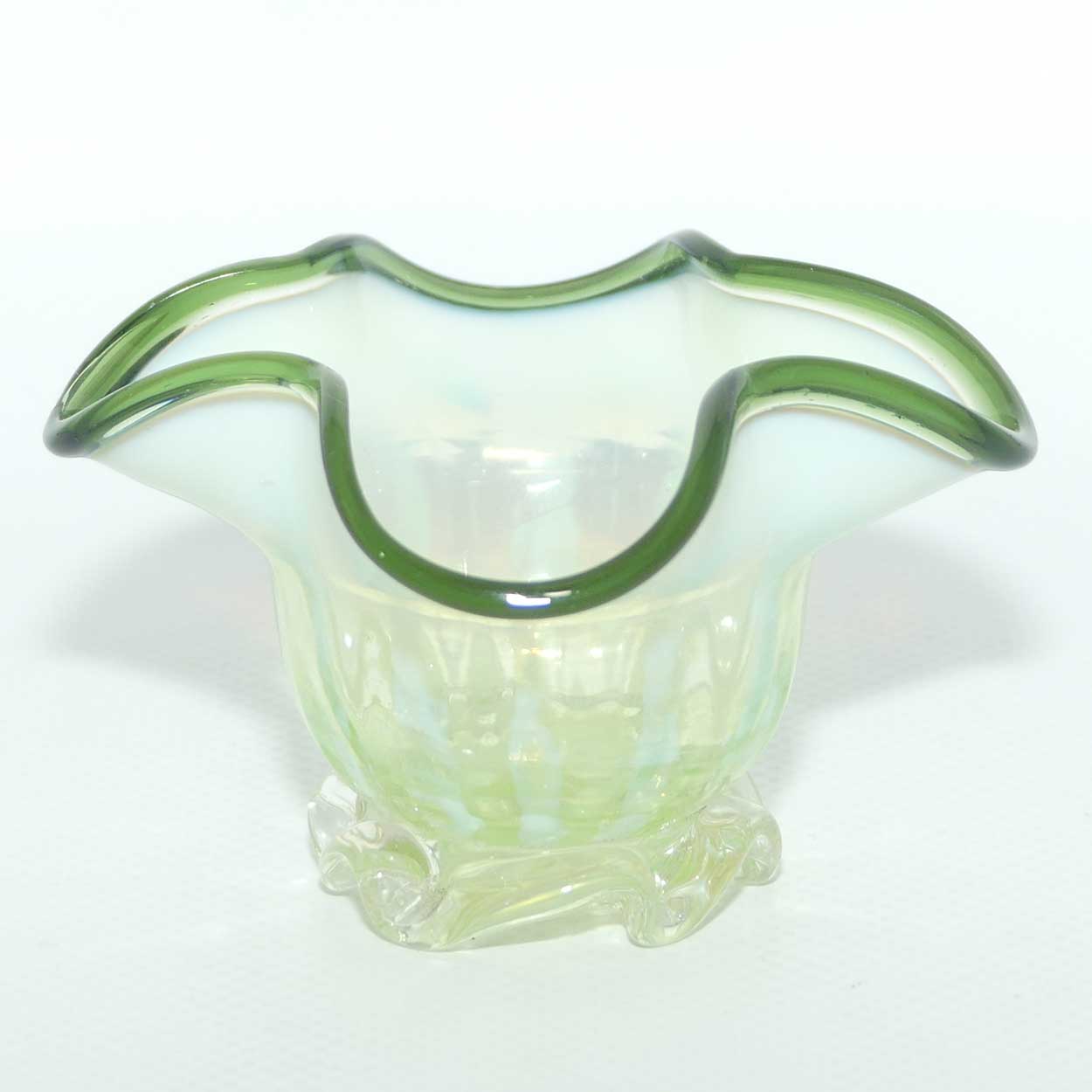 Victorian era Uranium Glass salt cellar with Olive Green trim
