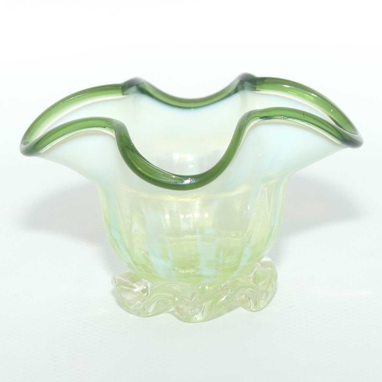 Victorian era Uranium Glass salt cellar with Olive Green trim