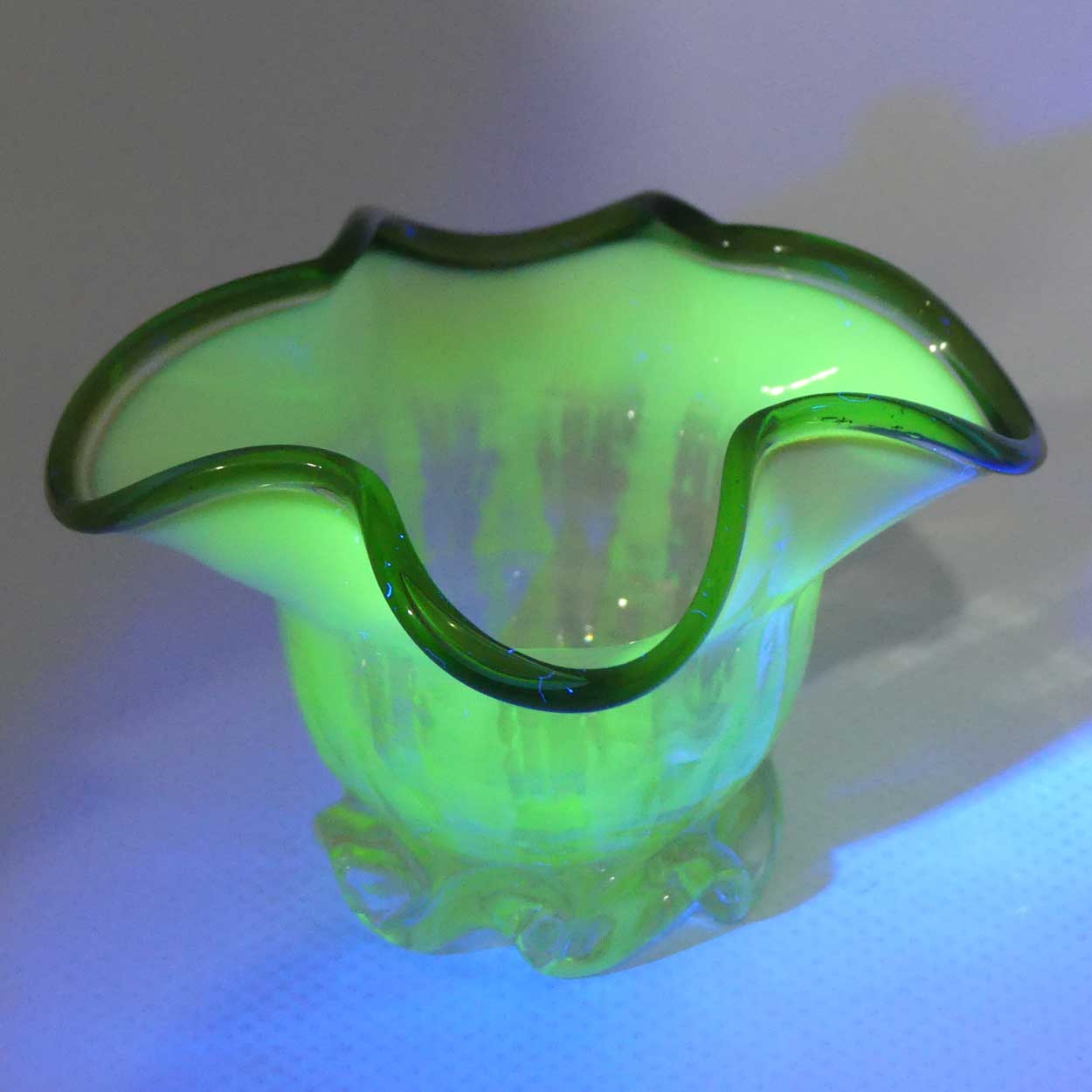 Victorian era Uranium Glass salt cellar with Olive Green trim