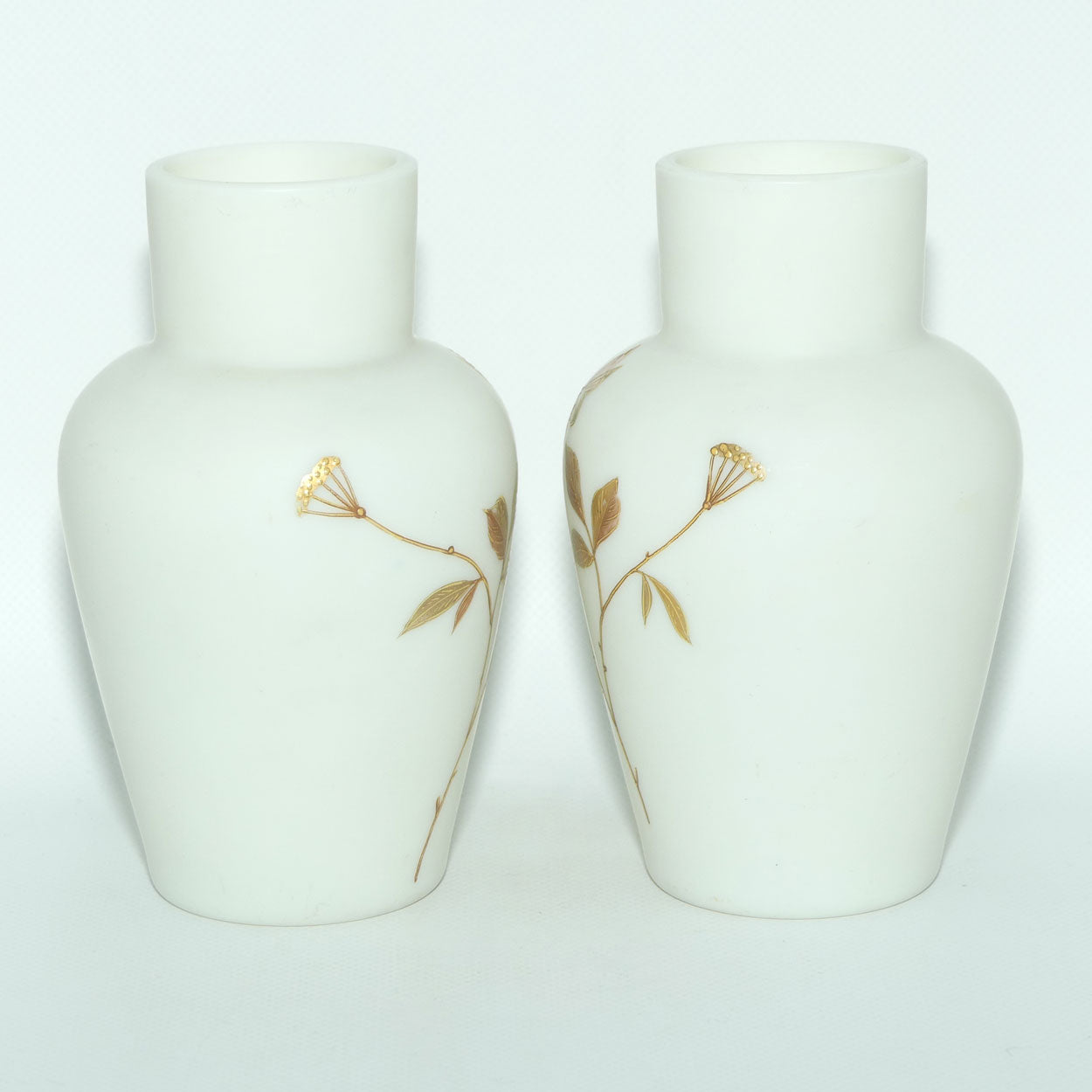 Pair of Victorian era Satin Glass Hand Enamelled vases | Uranium Glow