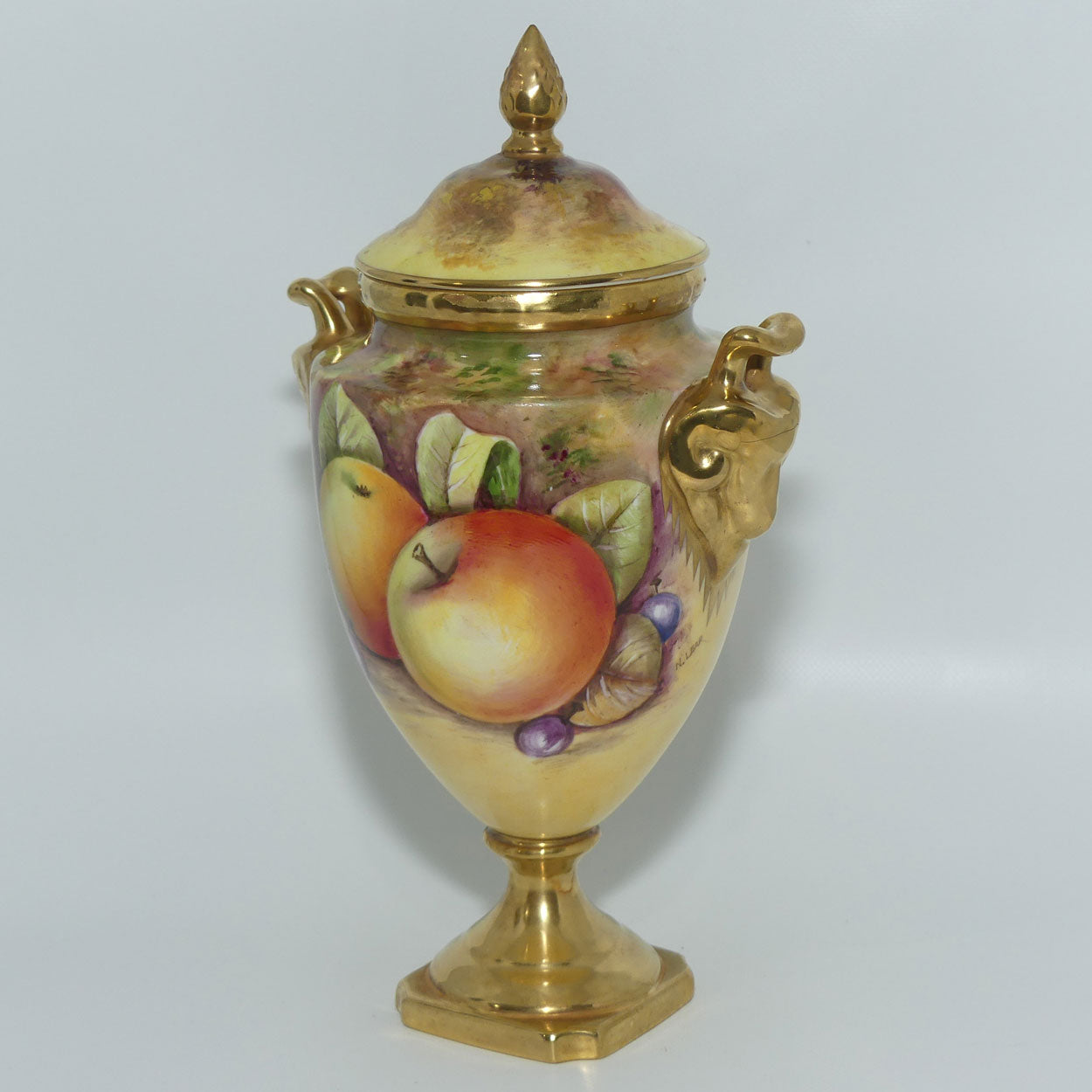 Coalport Hand Painted Fruit Urn #1 | Satyr Handles | signed N Lear