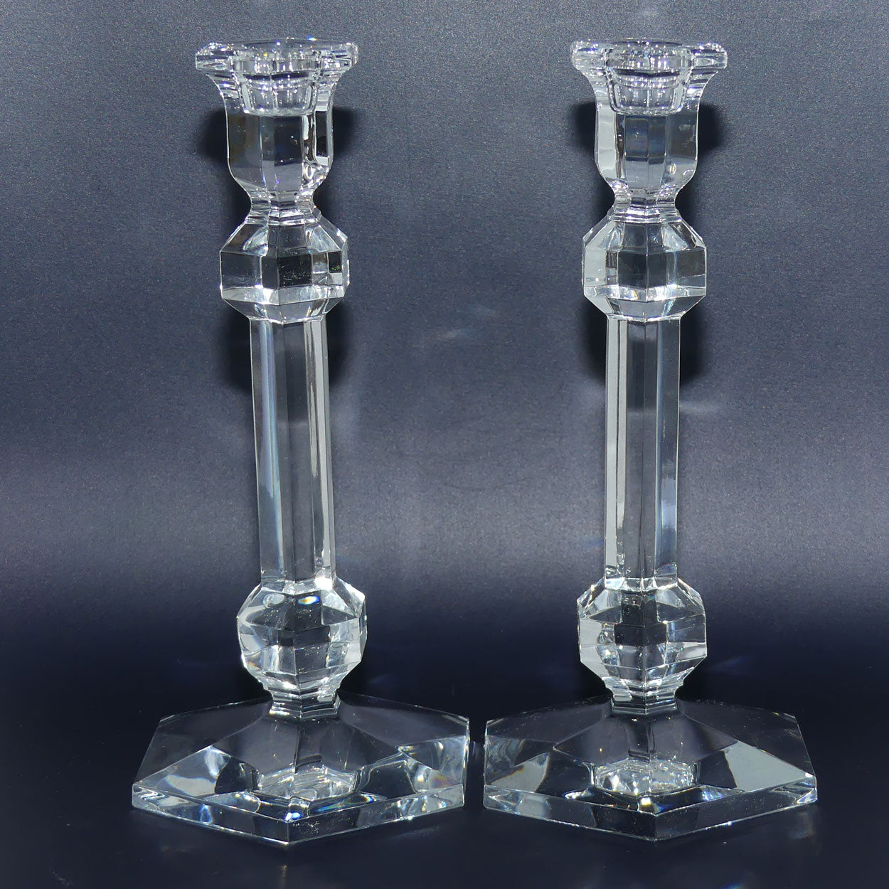 Val St Lambert Crystal | Gardenia | pair of hexagonal shape knop column candlesticks