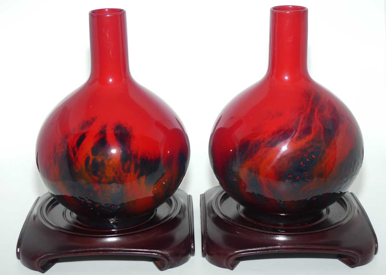 Royal Doulton Flambe Veined pair of tall neck bulbous vases